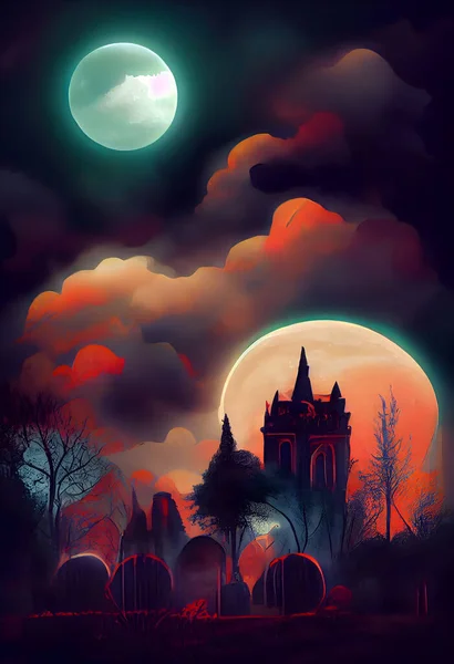 Spooky Macabre Halloween Digital Painting Greeting Card Gothic Castle Cemetery — Stock Fotó