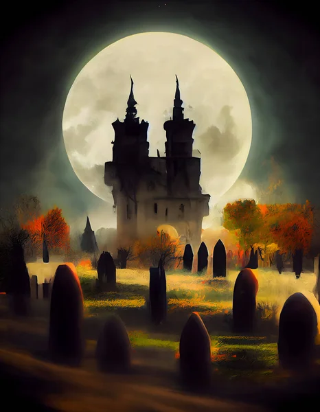 Spooky Macabre Halloween Digital Painting Greeting Card Gothic Castle Cemetery — Zdjęcie stockowe