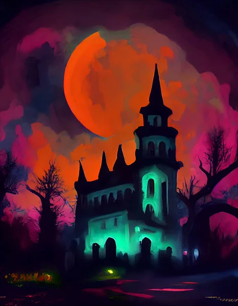 Spooky Macabre Halloween Digital Painting Greeting Card Gothic Castle Cemetery — Fotografia de Stock