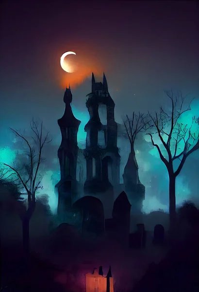 A spooky macabre halloween digital painting, greeting card with a gothic castle, cemetery, trees, moon. A Generative Artwork.