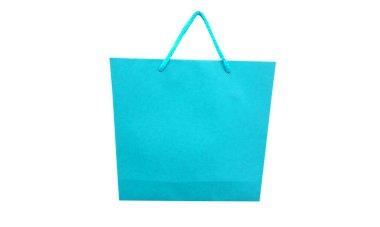 Yakın plan, arka plan tasarımı ya da stok fotoğrafı için beyaz üzerine izole edilmiş tek hafif cyan kağıt çanta, ürün paketleme, alışveriş satışı, mağaza 