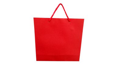 Yakın plan, arka plan tasarımı ya da stok fotoğrafı, ürün paketleme, alışveriş satışı, mağaza için beyaz üzerine izole edilmiş tek kırmızı kağıt çanta 