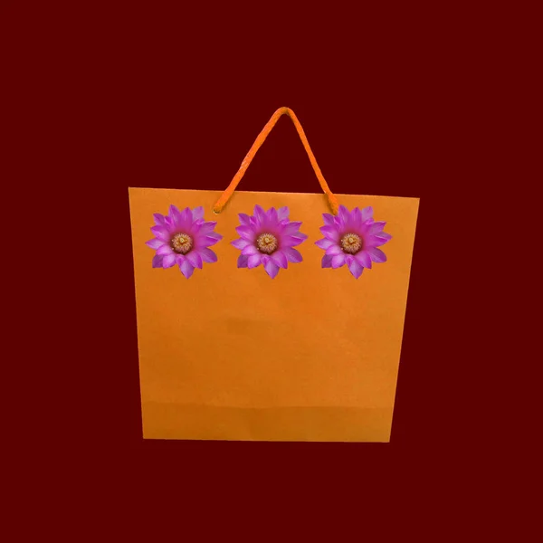 最上階だ バイオレットサボテンの花の場所単一の小さな茶色の紙袋は バックグランドデザインやストックフォト 製品の梱包 ショッピングセール デパートのために赤に隔離 — ストック写真