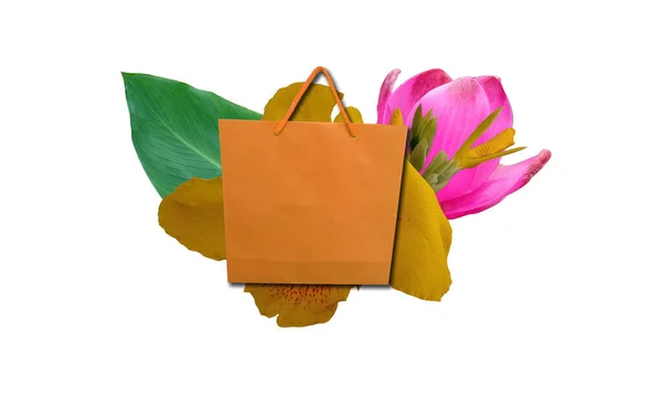 设计单棕色纸袋植物夏季销售概念隔离白色背景设计广告产品或库存照片 百货商店 油菜花 — 图库照片