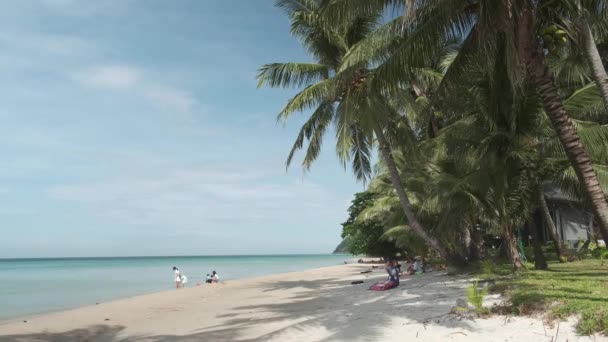 Белый песок пляж с голубой водой, небо, пальмы и туристов — стоковое видео