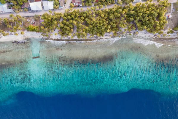 Luftaufnahme Der Korallenrifflandschaft Mit Palmen Auf Der Tropischen Strandinsel Fuvahmulah — Stockfoto