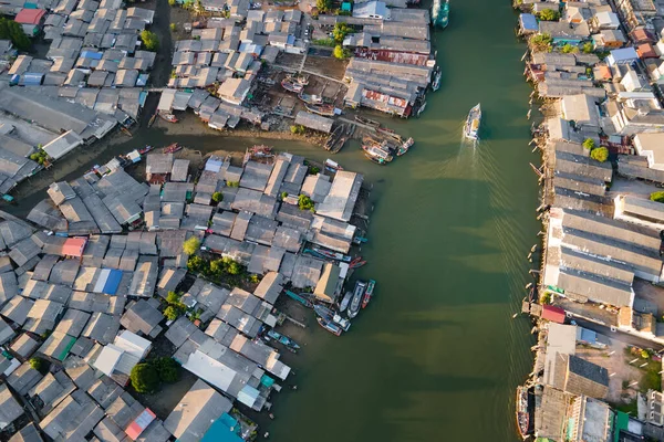 Aerial View Fishing Boat Speeding Fisherman Village Pak Nam Sichon — 스톡 사진