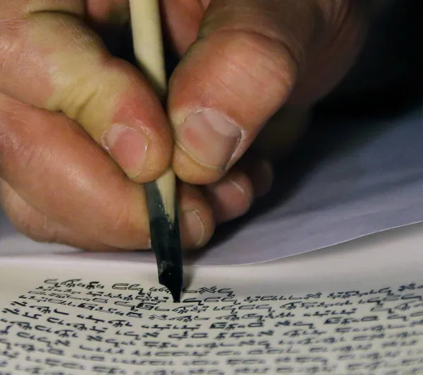Boy Reading Torahjudaism Torah Sacred Roll Which Written Manual — Stock Photo, Image