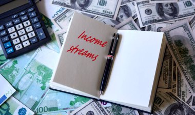 Nakit dolar ve euro para, kalem, hesap makinesi mavi defterde yazılı gelir akışları, yazı veya serbest çalışma yoluyla daha fazla para kazanma kavramı.