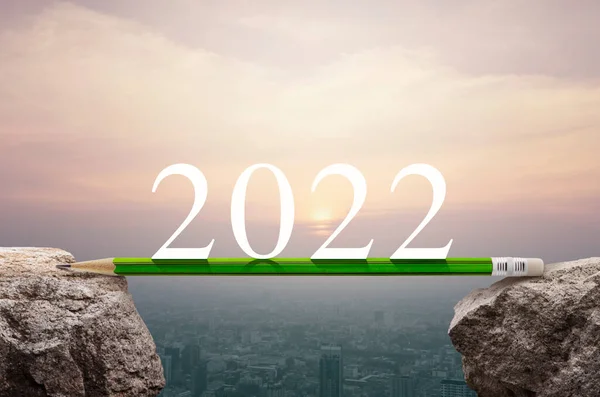2022 White Text Green Pencil Rock Mountain Aerial View Cityscape — Stock Photo, Image