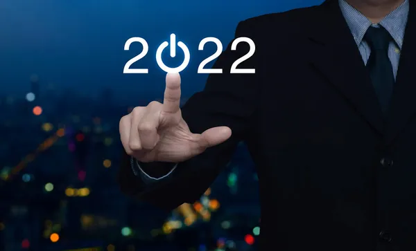 Geschäftsmann Drückt 2022 Start Geschäft Flache Ikone Über Verschwimmen Bunte — Stockfoto