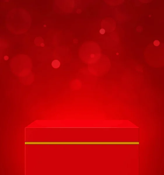 Empty Red Gold Cube Podium Red Bokeh Wall Cosmetic Product — Stock Photo, Image