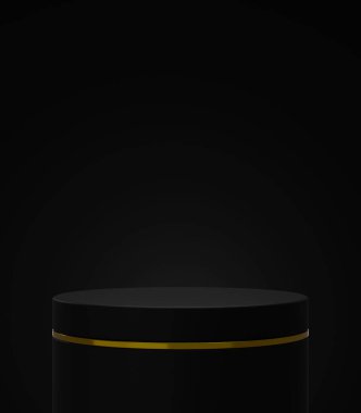 Kozmetik ürün sunumu için boş siyah silindirik podyum, asgari sahne, 3D görüntüleme