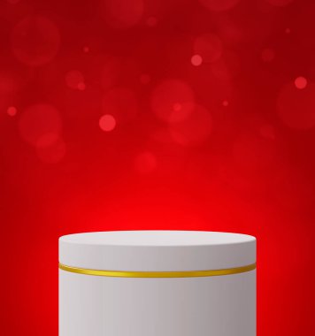 Kozmetik ürün sunumu için kırmızı bokeh duvarı üzerinde boş beyaz ve altın silindirik podyum, minimum sahne, 3D görüntüleme