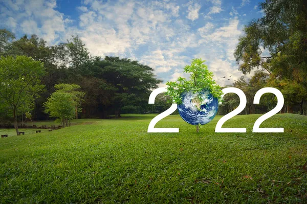 2022 Texto Branco Com Planeta Árvore Campo Grama Verde Parque — Fotografia de Stock