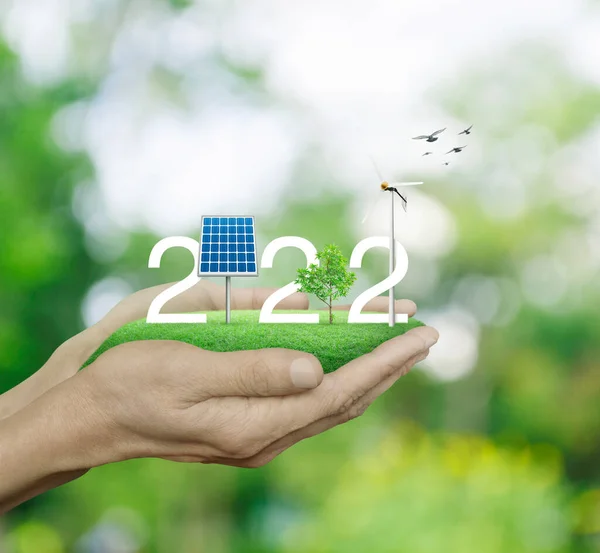 2022 Texto Branco Com Célula Solar Turbina Eólica Árvore Crescimento — Fotografia de Stock