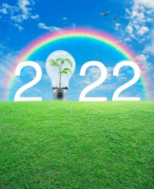 2022 beyaz metin ve ampul içinde yeşil çimlerin üzerinde gökkuşağı üzerinde küçük bitki, kuşlar ve mavi gökyüzü beyaz bulutlar ile mutlu yeni yıl 2022 ekolojik kapak kavramı