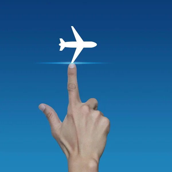 Mano Presionando Icono Plano Del Avión Sobre Fondo Degradado Azul — Foto de Stock