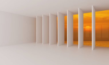 Günbatımı, gökyüzü ve deniz üzerinde odası olan çağdaş boş beyaz pencere, 3D oluşturma