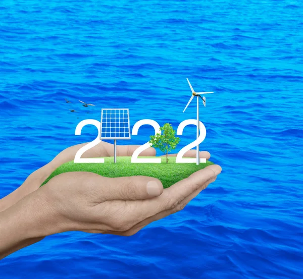 2022 White Text Solar Cell Wind Turbine Growing Tree Green — Stock Photo, Image