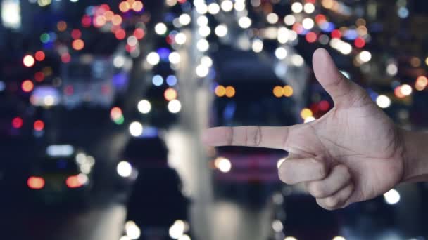 Padlock Flat Icon Finger Blur Colourful Night Traffic Jam Road — Stockvideo