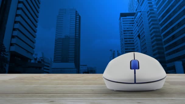 Ícone Plano Lei Com Mouse Computador Sem Fio Mesa Madeira — Vídeo de Stock