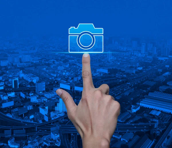 Hand Drukken Camera Platte Pictogram Moderne Stadstoren Straat Snelweg Wolkenkrabber — Stockfoto