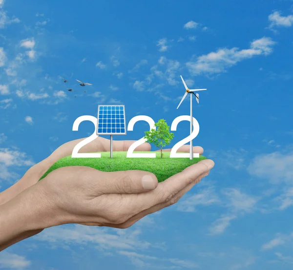 2022 White Text Solar Cell Wind Turbine Growing Tree Green — Fotografia de Stock