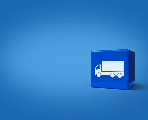3D渲染 浅蓝色背景的块立方体上卡车图标的说明 商业运输服务概念 — 图库照片