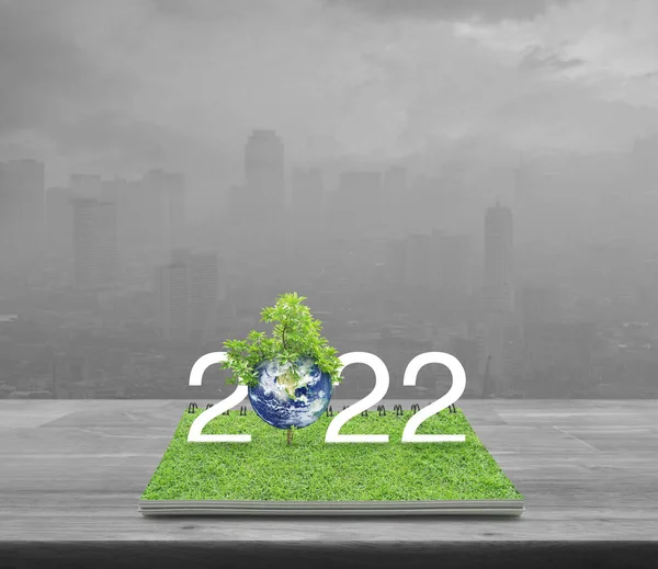 2022 Texto Blanco Con Planeta Árbol Sobre Hierba Verde Libro — Foto de Stock