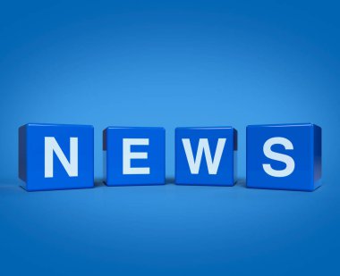3D görüntüleme, açık mavi arkaplan üzerine blok küpleri üzerinde NEWS harflerinin çizimi, iş iletişimi konsepti