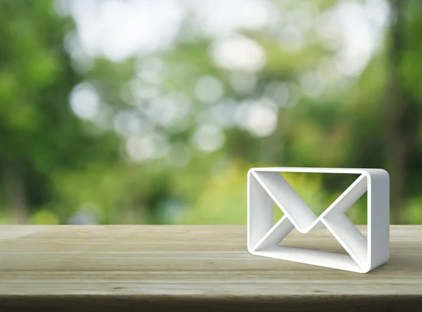 Mail Icon Wooden Table Blur Green Tree Park Business Customer — Stock fotografie