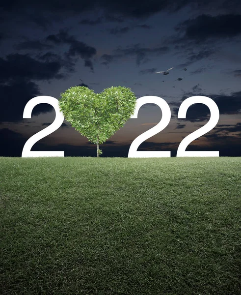 Tree Shape Heart Love 2022 White Text Green Grass Field — стокове фото