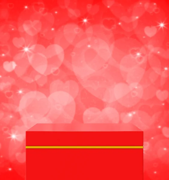 Empty Red Gold Cube Podium Blur Red Love Heart Wall — Stock Photo, Image