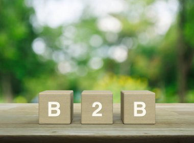 B2B acronym on wood block cubes on wooden table over blur green tree in park, Business to business marketing and strategy concept