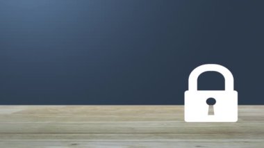 Açık mavi duvarın üzerindeki ahşap masada asma kilit simgesi, Teknoloji İnternet güvenliği ve güvenlik online konsepti