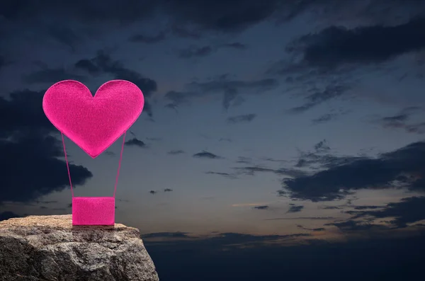 Pink Fabric Heart Love Air Balloon Rock Mountain Sunset Sky — Stock Photo, Image