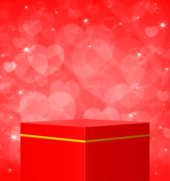 Leeres Rot Goldenes Würfel Podium Über Verschwommener Roter Liebe Herz — Stockfoto