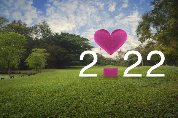 Balão Amor Coração Tecido Rosa Com 2022 Texto Branco Grama — Fotografia de Stock