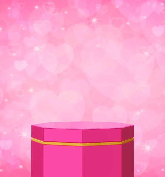 空のピンクと金の六角形の表彰台の上にぼやけたピンクの愛の心の壁のためのバレンタインデー製品表示 最小シーン 3Dレンダリング — ストック写真