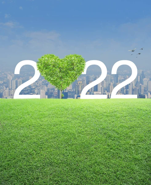 Tree Shape Heart Love 2022 White Text Green Grass Field — Stock Photo, Image