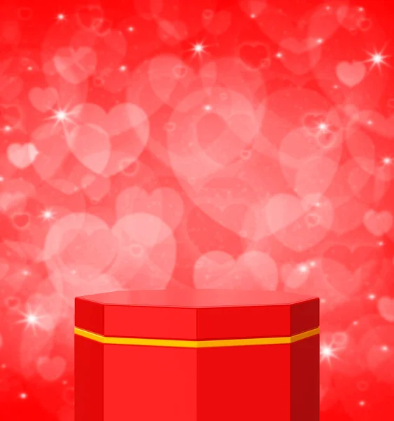 Pódio Hexágono Vermelho Dourado Vazio Sobre Parede Vermelha Coração Amor — Fotografia de Stock