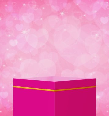 Sevgililer Günü ürün tanıtımı için bulanık pembe aşk duvarı üzerinde boş pembe ve altın küp podyum, minimum sahne, 3D görüntüleme