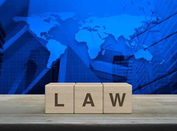 Law Letter Wood Block Cubes Wooden Table World Map Modern — Stock Photo, Image