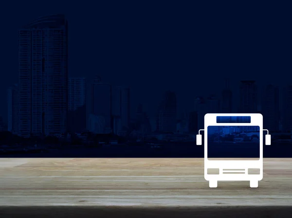 Автобусна Плоска Значок Дерев Яному Столі Над Сучасною Офісною Міською — стокове фото
