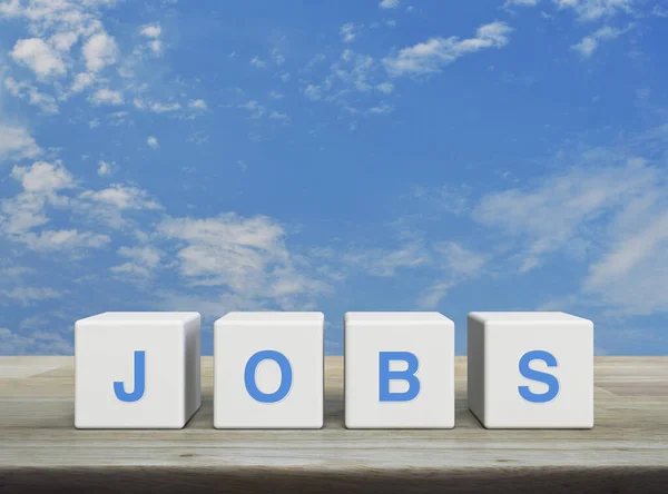 Jobs Buchstabe Auf Weißen Blockwürfeln Auf Holztisch Über Blauem Himmel — Stockfoto