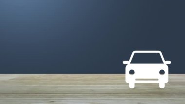 Açık mavi gradyan arka planda, ahşap masadaki düz araba simgesi, iş taşımacılığı hizmeti konsepti