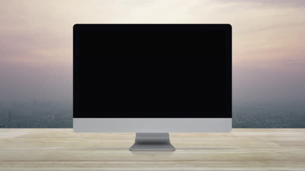 Płaska Ikona Prawa Pulpicie Nowoczesny Monitor Komputerowy Drewnianym Stole Nad — Wideo stockowe