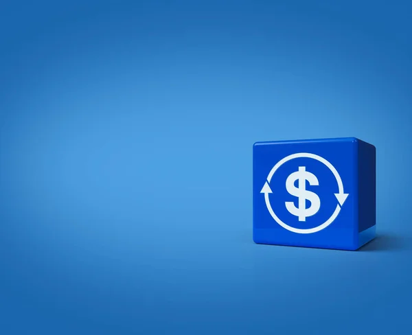 3D渲染 浅蓝色背景的块立方体上的汇款图标示例 业务货币交换服务概念 — 图库照片
