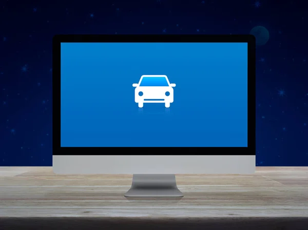 Masaüstü Modern Bilgisayar Ekranındaki Otomobil Yassı Simgesi Fantezi Gece Gökyüzü — Stok fotoğraf